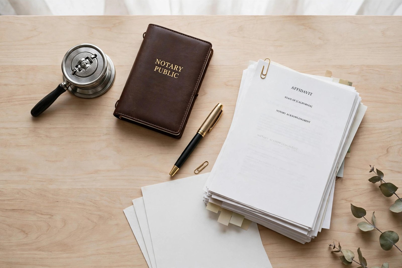 Notary seal, journal and documents on a desk